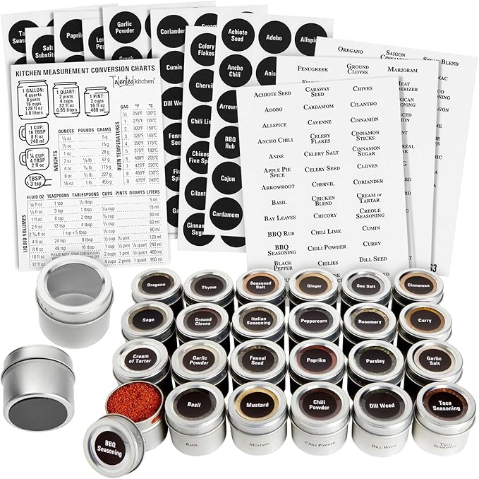 Talented Kitchen Magnetic Spice Jars - 3 oz, Stainless Steel, 24-Pack - Spice Tins with Sift & Pour Lids & Fridge Magnets for Kitchen Organization