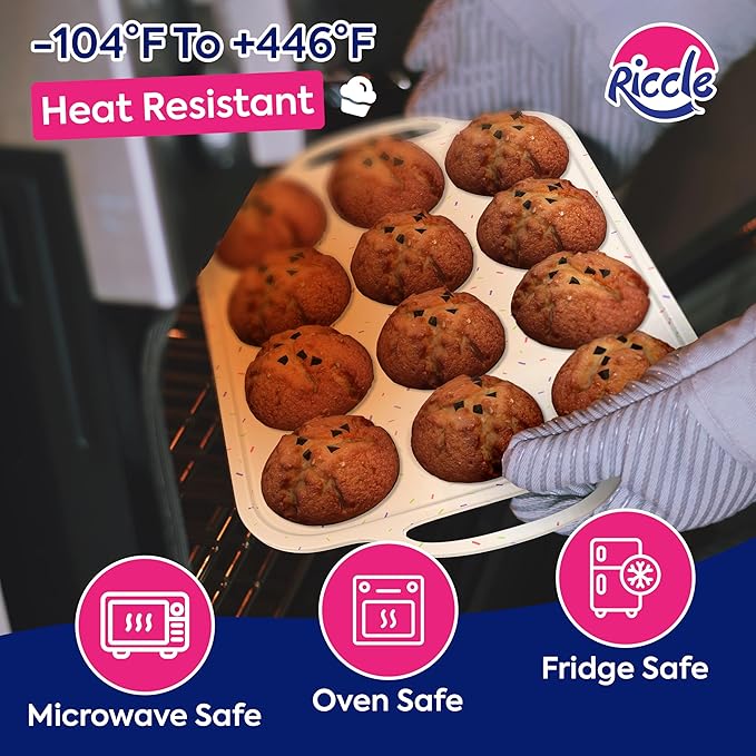 RICCLE Silicone Muffin Pans for Baking with Metal Reinforced Frame, 12-Cup Cupcake Pan, 2 Pcs Muffin Trays for Cupcake Baking, Tray Molds, Oven & Dishwasher Safe, BPA-Free (2 x Regular)