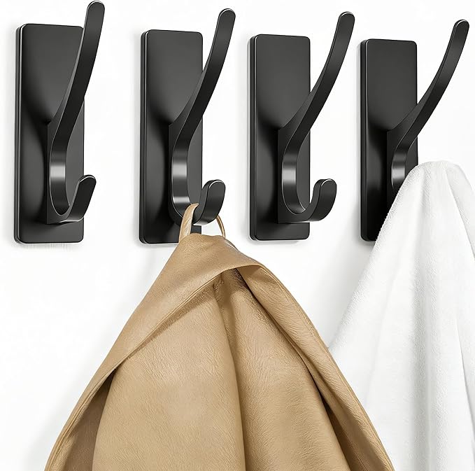 pickpiff 10 Pack Matt Black Self Adhesive Coat Hooks for Hanging: 13LB Extra Strong Stainless Wall Hook for Towel, Utensil, Backpack, Hat, Sturdy Metal Hanger for Bathroom, Kitchen, Door