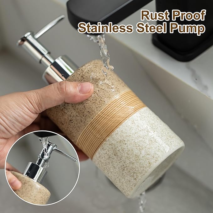Ceramic Dish Soap Dispenser Set with Silicone Funnel, Hand Soap, Shampoo, Body Wash, Lotion Dispenser for Kitchen and Bathroom, Stainless Steel Pump, Non Slip, 12 Oz