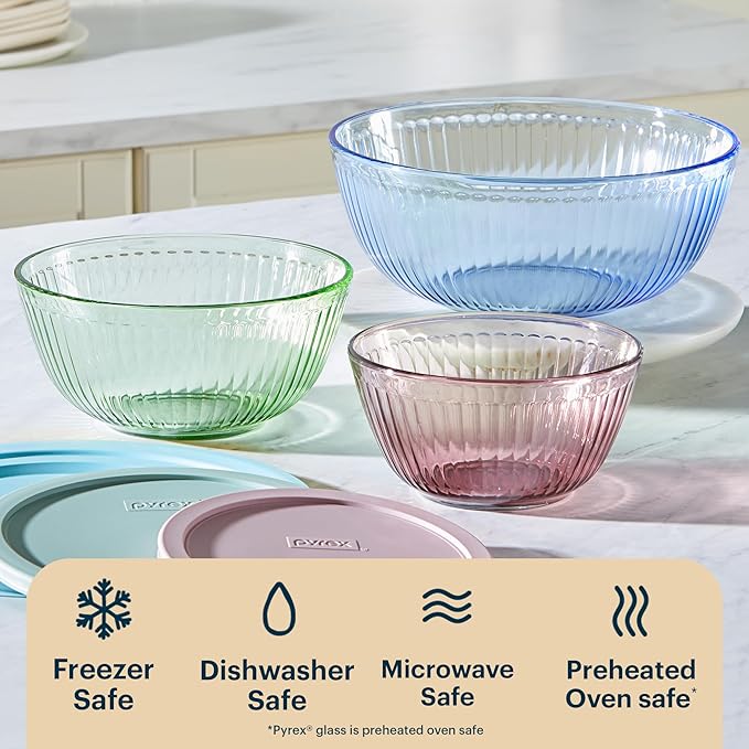Pyrex Colors (3-Pack, Full Set) Sculpted Tinted Glass Mixing Bowls With Plastic Lids, Nesting Space Saving Set of Bowls For Prepping and Baking, 1.3QT, 2.3QT & 4.5Q, (Pink, Green, Blue)