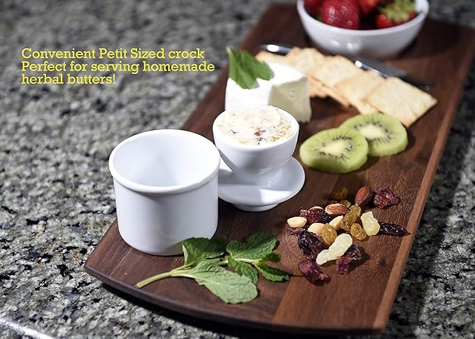 Butter Bell - The Original Butter Bell crock by L Tremain, a Countertop French Ceramic Butter Dish Keeper for Spreadable Butter, Café Retro & Petite White Gift Set