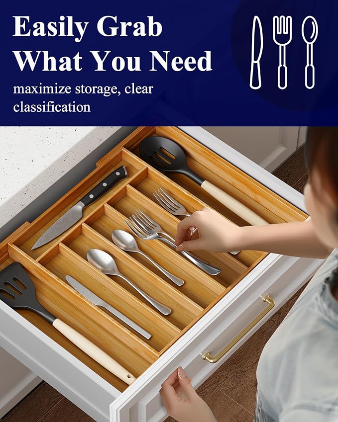 Kitsure Large Bamboo Silverware Organizer - Expandable Drawer Organizer for Utensil, Cutlery and Flatware, Kitchen Storage Solution with 6 to 8 Slots, Natural, 19.4" × 13.1" × 1.8"