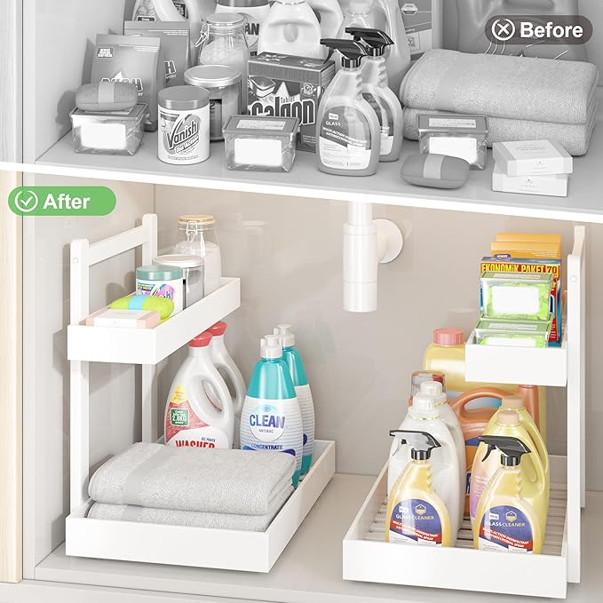 Under Sink Organizer - 1-Tier Pull Out Cabinet Organizer Vertical Slide Out Sink Shelf Storage Shelves for Multi-Purpose Bath Kitchen Bathroom Medicine (White, 2 Packs)