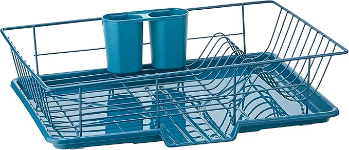 Sweet Home Collection 3 Piece Dish Drainer Rack Set with Drying Board and Utensil Holder, 12" x 19" x 5", Teal(Pack of 1)