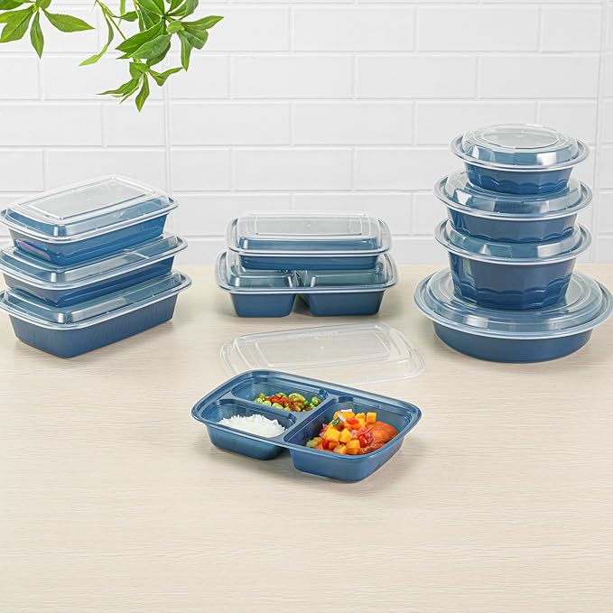Asporto 26 Ounce Compartment Take Out Boxes, 100 Microwavable Meal Prep Containers - 3 Compartments, With Clear Plastic Lids, Midnight Blue Plastic Food Containers, Do Not Contain BPA - Restaurantware