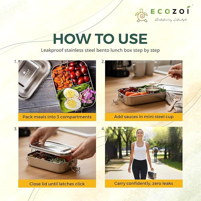 ecozoi Stainless Steel Lunch Box, Leak Proof 3 Compartment, Medium | Redesigned Silicone Seal | Sustainable Zero Waste Eco Friendly Bento Box Food Storage Container