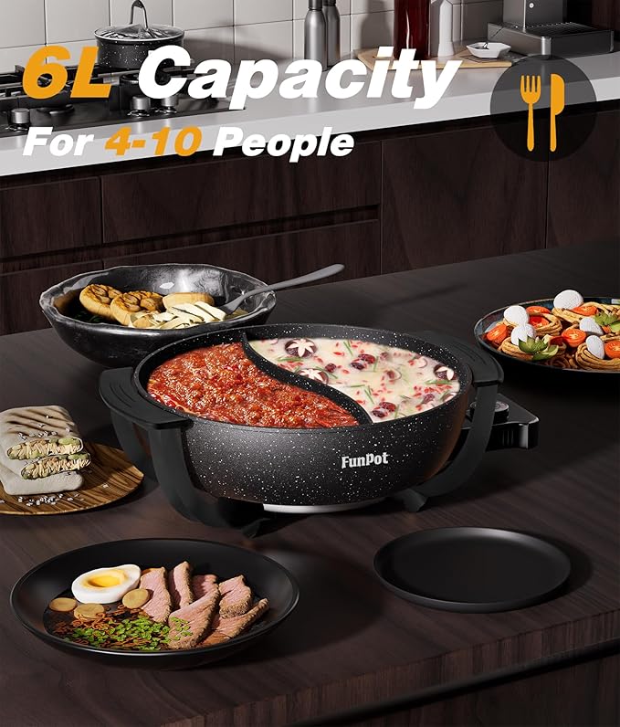 6L Dual-Sided Electric Hot Pot with Cool-Touch Handles, 1100W Adjustable Heat, Hexagonal Non-Stick Interior & Overheat Protection (Wraparound Black Handles)