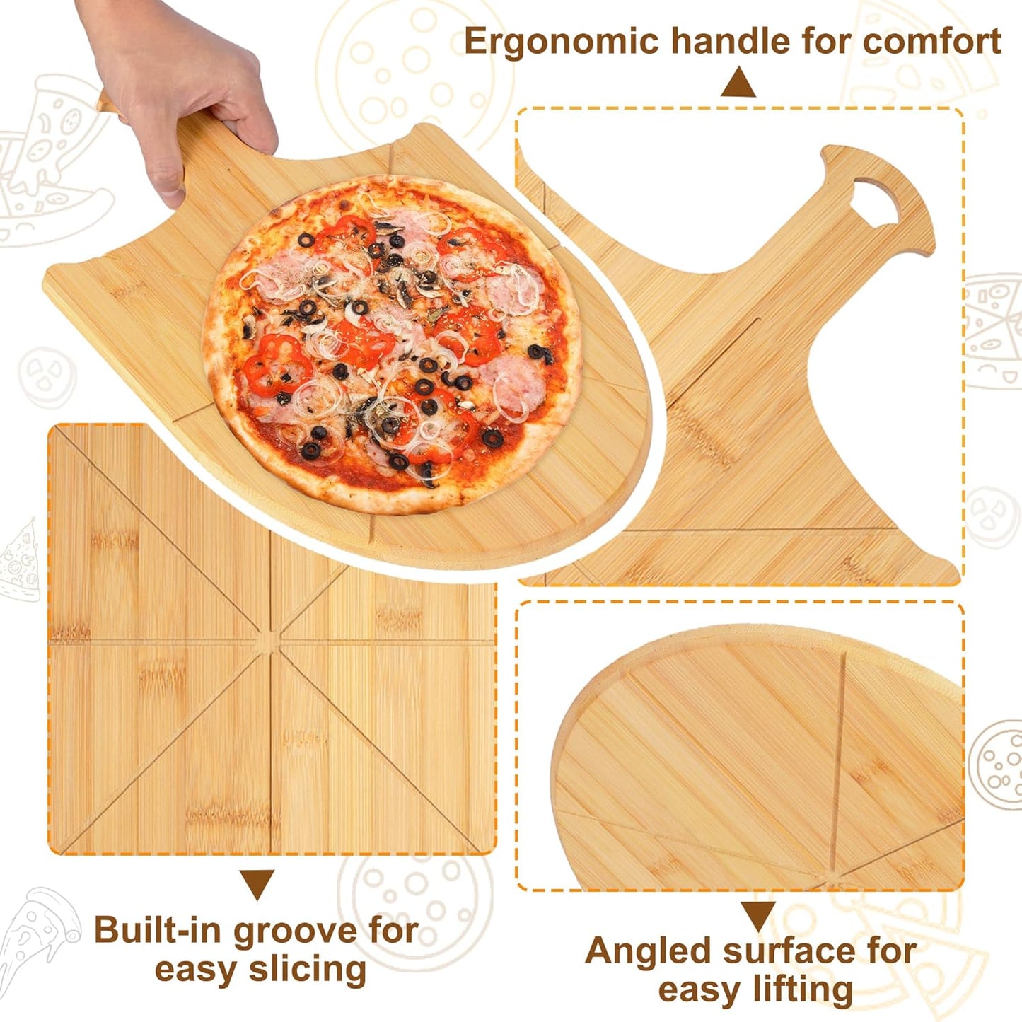 Pizza Peel Wooden, 12 Inch Pizza Spatula Wood Non-Stick, Bamboo Pizza Paddle as Cutting Board with Cutting Grooves for Easy Pizza and Bread Making