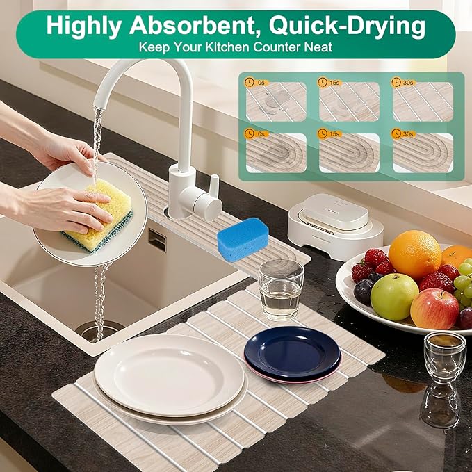 Stone Drying Mat for Kitchen Counter, 24"x16" Water Absorbing Dish Drying Mat with 24"x4" Faucet Mat for Kitchen Sink, Diatomaceous Earth Quick Dry Stone Mats for Dishes Bottles Cups (Wood Grain)