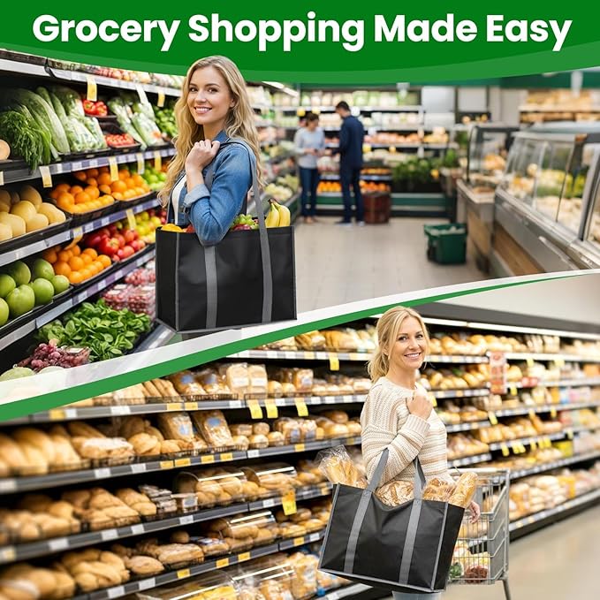 SpaceWhisper Reusable Grocery Bags with Long Handles [3 Pack] - Multipurpose Shopping Bags for Groceries, Foldable Grocery Totes Resist Water & Stains for Kitchen, Car Trunk, Picnic (Black)