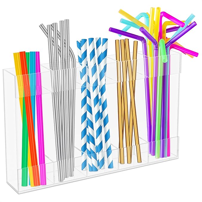 9.5" Large Acrylic Straw Holder for Cabinet Door with Stickers – Peel and Stick Straw Holder for Drawer, for Straws, Makeup Brushes, Kitchen Utensils – Includes Strong Adhesive Tape for Easy Mounting
