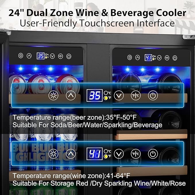 ORYMUSE 24 Inch Dual Zone Wine and Beverage Refrigerator, Built-in or Freestanding Cooler with French Doors, Under Counter Drink Fridge with Upgraded Compressor for Beer, Wine, and Soda