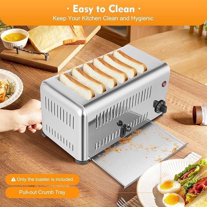 Commercial 6 Slice Toaster, 1680W 110V Commercial Bread Baking Machine with 2 Modes & Timer Function, Stainless Steel Electric Toast Sandwiches Making Tool for Home Kitchen Restaurant Bakery