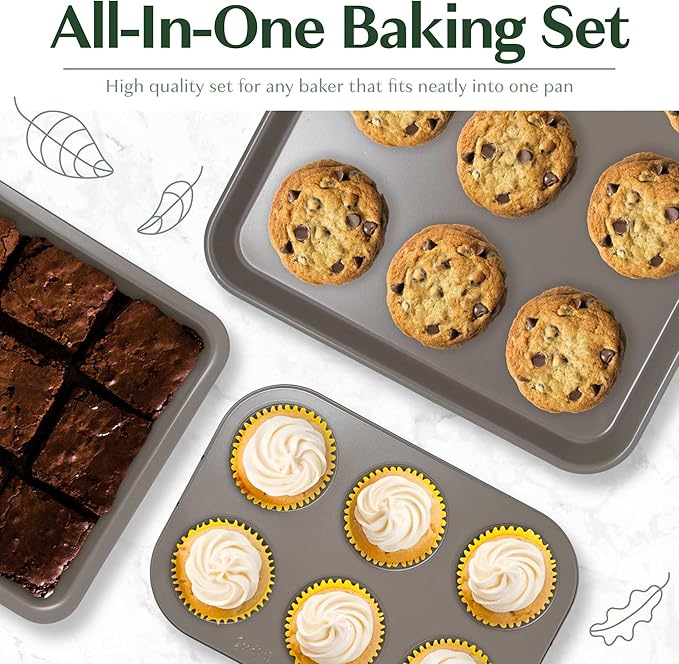 Goodful All-In-One Nonstick Bakeware Set, Stackable and Space Saving Design includes Round and Square Pans, Muffin Pans, Cookie Sheet and Roaster, Dishwasher Safe, 8-Piece, Terracotta