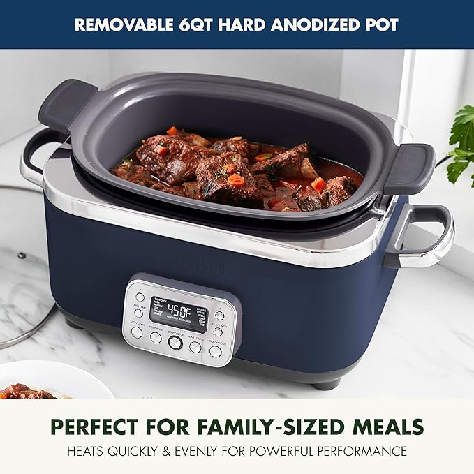 GreenPan Elite 14-in-1 Nonstick 6QT Electric Slow Cooker, PFAS-Free Ceramic Multi-Cooker, In-Pot Browning, Dishwasher Safe Lid & Removable Crock, Stainless Steel Steamer, Silicone Handles, Oxford Blue