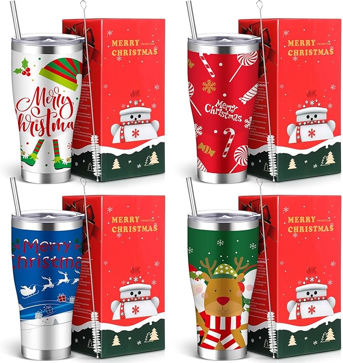 Mifoci 4 Pcs 30 oz Christmas Tumbler with Lid and Straw Stainless Steel Christmas Mug Double Insulated Cup Insulated Coffee Tumbler with Straw Brush for Holiday Coworkers Women Gifts (Style 4)