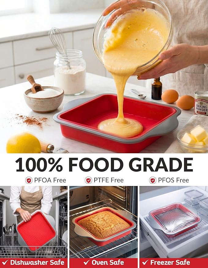 Boxiki Kitchen Non-Stick Silicone 8x8 Square Cake and Brownie Pan with Easy Grip Steel Frame Handles - Easy to Release, Oven & Dishwasher Safe