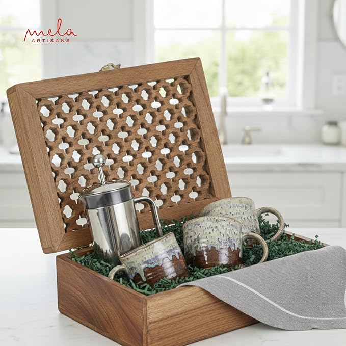 Mela Artisans 10.5” x 7.5” x 4” Mango Wood Box with Lid – Trellis Medium Burnt – Handcrafted Keepsake Box – Extra Large Storage for Jewelry & Home Décor Accents