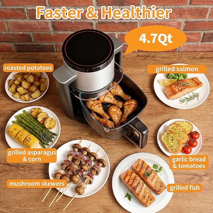 NEWBULIG 4.7Qt Glass Air Fryer, 10 in 1 Air Fryers with Timer, 105 to 395°F Wider Temperature, 360° Visibility, Dishwasher Safe, Roast Bake Dehydrate Reheat, Nonstick & Easy-Clean Basket, 1300W