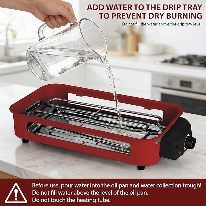 Pukomc Electric Indoor Grill,2 in 1 Indoor Grills for Kitchen with Grill Net & Non-Stick Cooking Removable Plate, Temperature Control, Dishwasher Safe, 1700W RED