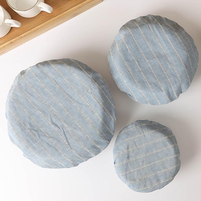 100% Linen Stripe Bowl Covers Reusable For Bread Proofing, 4 Pcs Elastic Cloth Fabric Bowl Covers, 5.9 * 7.9 * 9.8 * 11.8 Inches, Blue