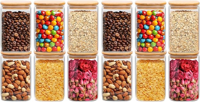 ComSaf 1.2 QT Glass Storage Containers with Lids, Glass Jars with Lids, Clear Food Jar, Square Canister Set of 6, Pantry Organizers and Storage for Cookie Flour Oat Pasta Tea Coffee Bean (Pack of 2)