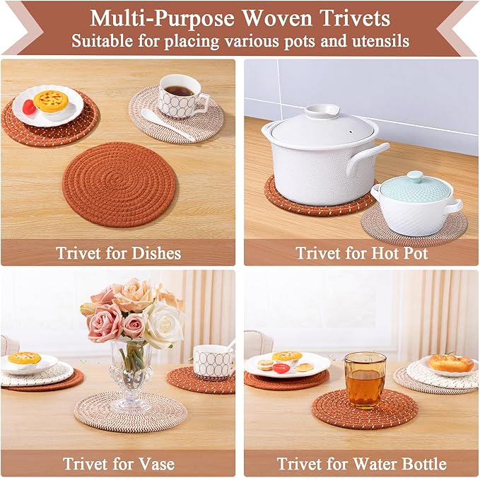 SHACOS 8 Inches Trivets for Hot Dishes, 4 Pieces Cotton Trivets Mats for Kitchen, Hot Pads for Countertops and Table, Heat-Resistant Pot Holders for Hot Pots and Pans(Dark Orange, 4pcs)