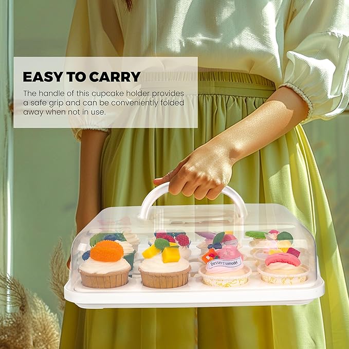 NPLUX Cupcake Containers with Lid Rectangular Cake Carrier 3-in-1 Multipurpose Cupcake Holder for Muffins Pies Sweets Pastries Fruit or Snacks (White, 13" x 9" x 4")