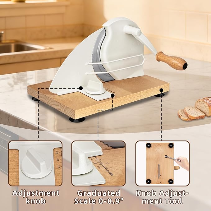 Manual Bread Slicer for Homemade Sourdough Bread Adjustable Thickness Bread Cutter with Hand Crank, Slicing Guide, Scale Line, Stainless Steel Blade & Suction Cups, for Perfect Even Slices (Cream)