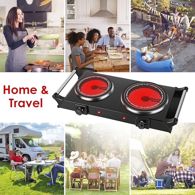 Electric Countertop Double Burner, 1800W Cooktop with Crystal Glass Hot Plate, 5-Level Stepless Temperature Control, Stay Cool Handles, Easy to Clean, Compatible Cooking Stove for Office Home RV