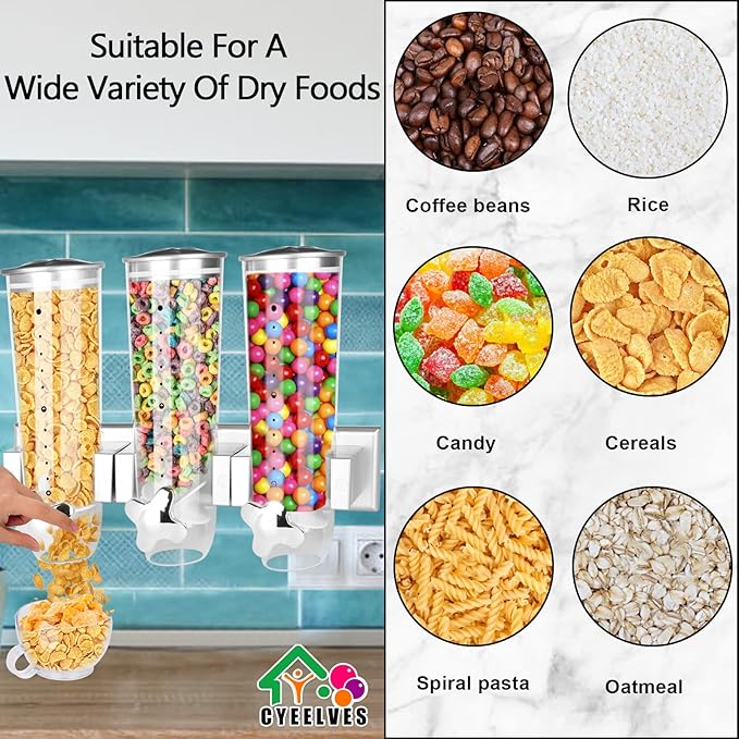 Food Dispenser Wall Mounted Grain Dispenser, Cereal Dispenser with Cup, Dry Food Dispenser Wall Mounted Triple Cereal Dispenser, Candy Dispenser Grain Dispenser for Kitchen Store Nut Coffee Beans 4.5L