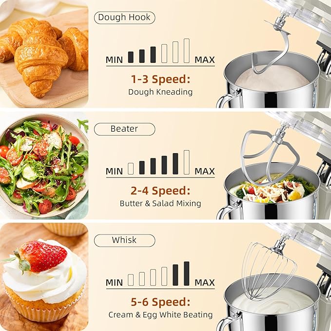 Dough Mixer 8.45 QT Electric Mixer - 660W 6 Speed Large Capacity Kitchen Stand Mixer with Whisk Dough Hook Mixing Beater Household Food Mixer for Baking Cakes Cookie Bread Salad