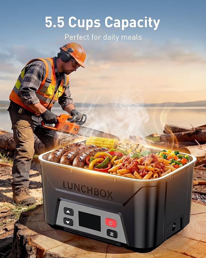 EAST OAK Heated Lunch Box for Men, Electric Lunch Box for Adults, 5.5 Cups Cordless Portable Food Warmer, Rechargeable Self Heating Food Heater with Memory Function, Automatic Keep Warm(Classic Black)
