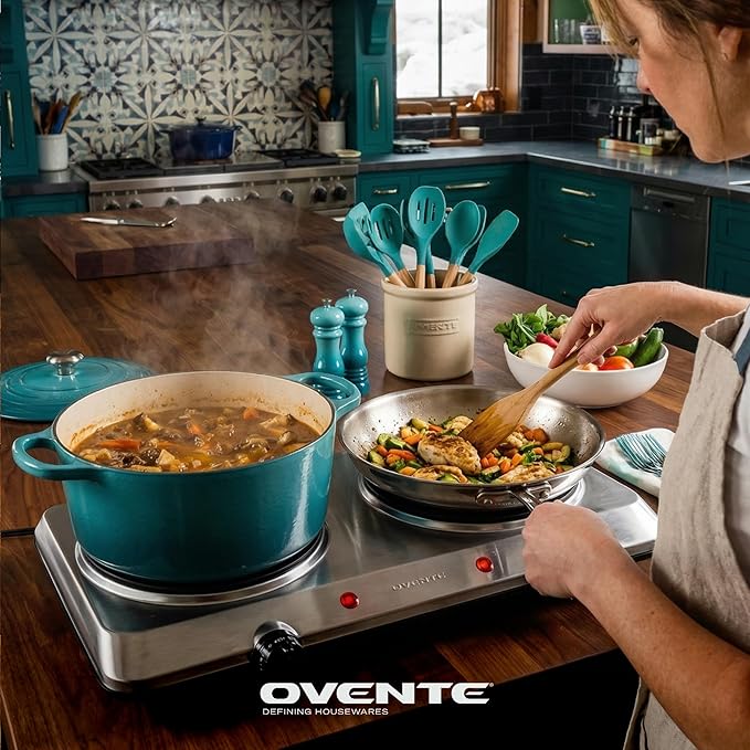 OVENTE Countertop Infrared Double Burner, 1500W Electric Hot Plate and Portable Stove with 7.5” Ceramic Glass Cooktop, 6 Level Temperature Setting and Easy to Clean Base, Silver BGI202S