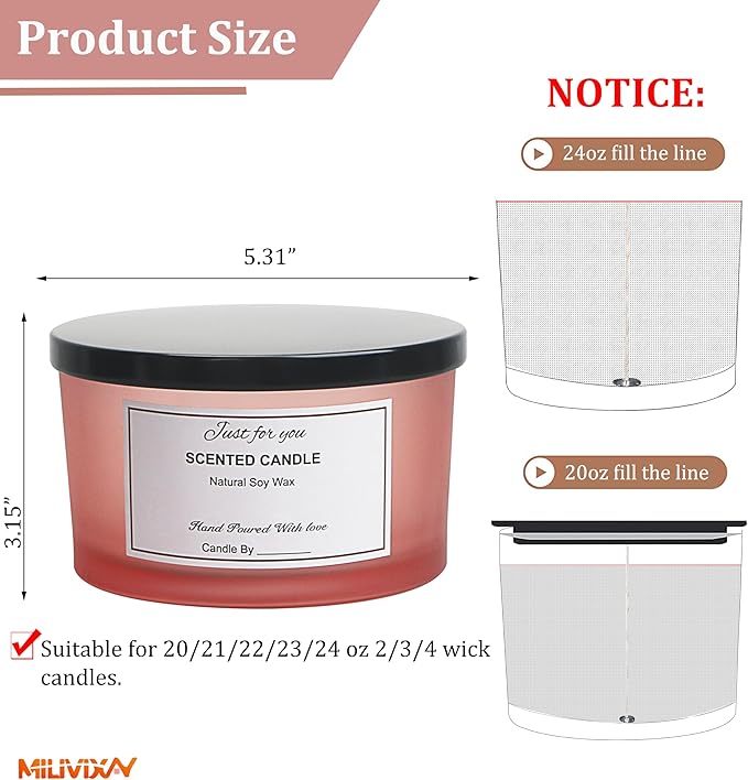 MILIVIXAY 6 Pack 24 oz Candle Jars with Metal Lids and Candle Making Kits - 3 Wick Candle Jar,Bulk Empty Matte Pink Thick Glass Jars for Making Large Candles - Spice, Powder Containers.