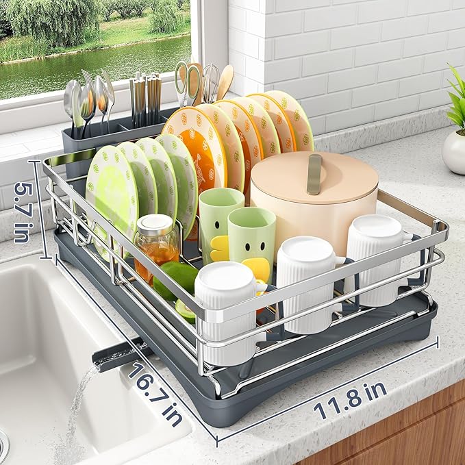 Dish Drying Rack - Stainless Steel Dish Rack for Kitchen Counter, Large-Capacity Dish Drainer with Cutlery Holder, Kitchen Organizer for Dishes, Spoons and Forks, Silver