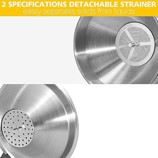 Anaeat Stainless Steel Kitchen Funnel, Multi-Use Premium Metal Food Grade Cooking Funnels with 2 Removable Strainer Filter for Transferring Liquid or Dry ingredients, Oils & 1 Pc Cleaning Brush (4.1")