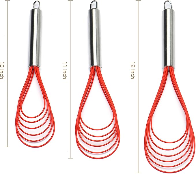 Flat Whisk Set,Stainless Steel 3 Pack 10''+11''+12'' Premium Sturdy-6 Silicone Heads Non Stick Wires Whisk for Blending Beating Stirring Kitchen Cooking Color Red by Jell-Cell