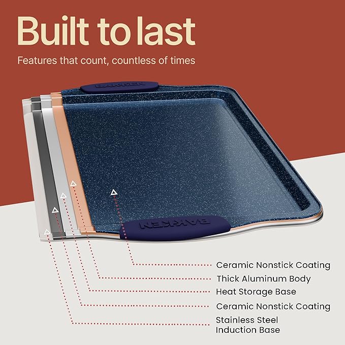 BAKKEN Kitchen Baking Pan Set - Nonstick Coating, Carbon Steel Bakeware Sets with Blue Silicone Handles, Baking Kitchen Essentials, PFOA, PFOS, PTFE Free, Oven Safe Tray (Up To 450° F), Set of 8