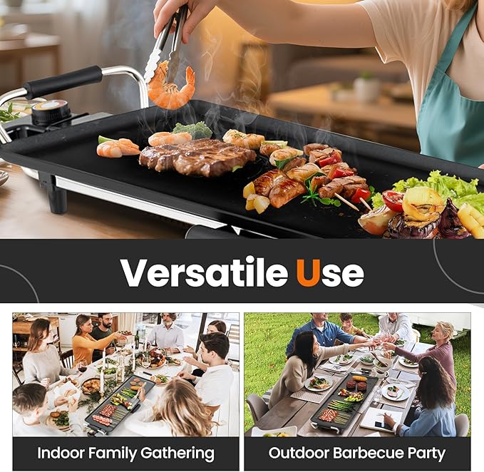 Nightcore 27" Large Electric Griddle, Teppanyaki Grill w/Adjustable Thermostat, Insulated Handles, Drip Tray & Nonstick Surface, Pancake Griddle, Indoor Outdoor Tabletop BBQ Grill for Party Camping