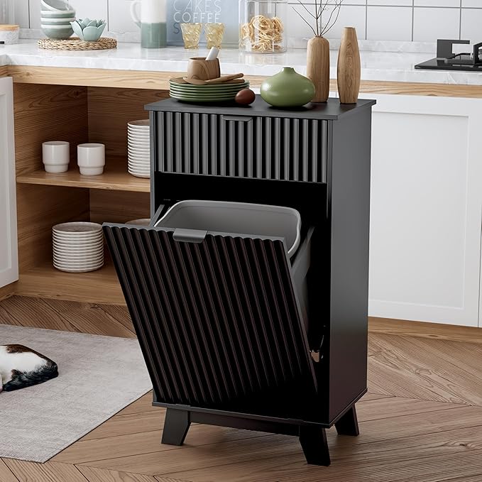 Modern Tilt Out Laundry Hamper Cabinet, 10 Gallon Wooden Trash Can Cabinet with Storage Drawer, Hidden Fluted Bathroom Storage Cabinet for Kitchen, Living Room (Black, 20.47"W x 35.83"H x 13"D)