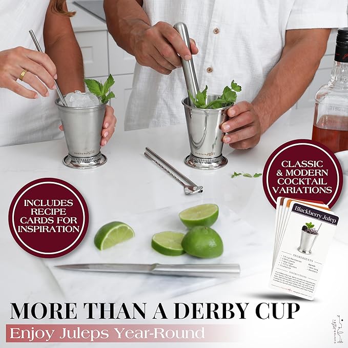 Gusto Nostro Mint Julep Cups Set of 2 - Stainless Steel Julep Cup Kit with Straws, Muddler, Spoon,Recipes, Vases - Southern-style Cocktail Glasses for Home Bar - Stainless Steel Cocktail Cups (Silver)