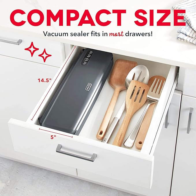 Dash SuperSeal Vacuum Sealer - Airtight Meal Packaging for Sous Vide & Safe Food Storage - Includes Single-Use & Reusable Bags - Gray