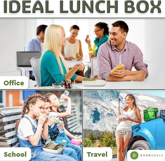 Everusely - Bento Box - Sage, 47oz / 1.4 L - Large Stainless Steel Lunch Box with Leakproof Condiment Container - 3 Compartment Snack Organizer for On the Go Meals - Freezer & Dishwasher Safe