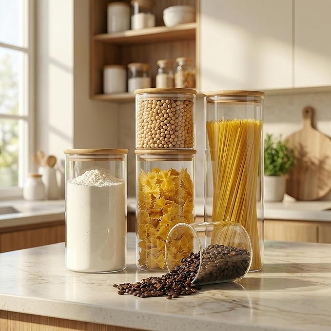 HomArtist Glass Jars with Bamboo Lids 79 FL OZ [Set of 3], Glass Canisters with Airtight Lids, Glass Food Storage Containers for Spaghetti, Fettuccine, Linguine,Pasta, Best for Kitchen & Pantry