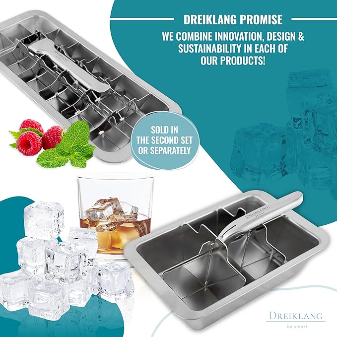 Stainless Steel Polished Set 2-Pack Ice Cube Tray for freezer Ice Cube Tray with Lever Insert for Easy Release | Food-Safe & Durable Ice Cube Maker | Plastic-Free Large