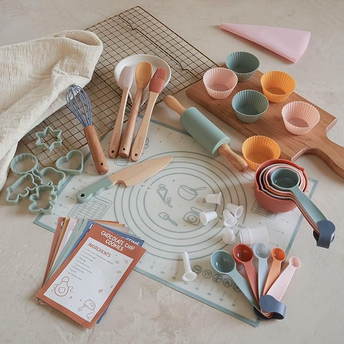 Wooden Baking Set for Kids - A Complete Set of Real Kitchen Utensils Gives Toddlers a Fun Cooking Experience - Durable Safe to Use Tools are Perfect for Gifting to Create Lasting Family Memories