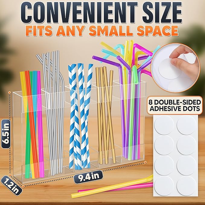 9.5" Large Acrylic Straw Holder for Cabinet Door with Stickers – Peel and Stick Straw Holder for Drawer, for Straws, Makeup Brushes, Kitchen Utensils – Includes Strong Adhesive Tape for Easy Mounting