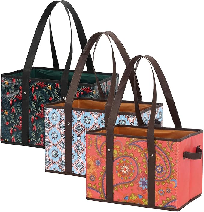 Foraineam Reusable Grocery Bags Set Durable Heavy Duty Tote Bag Collapsible Grocery Shopping Box Bag with Reinforced Bottom